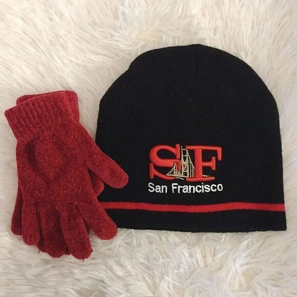 San Francisco Embroidered Beanie with Red Gloves Bundle NWOT - Picture 1 of 12